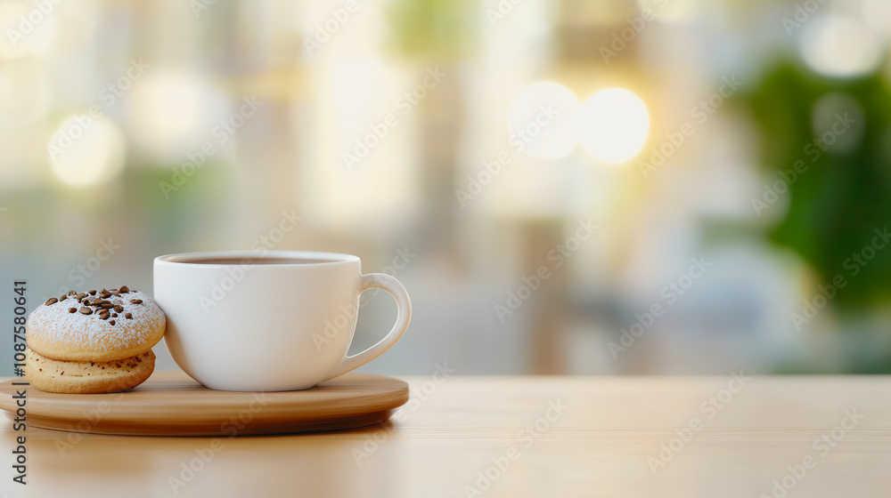 Warm Cup of Coffee with Sweet Cookies on Wooden Tray Against Soft Focus Background of Cozy Cafe Interior for Relaxation and Enjoyment Warm Cup of Coffee with Sweet Cookies on Wooden Tray Against Soft Focus Background of Cozy Cafe Interior for Relaxation and Enjoyment