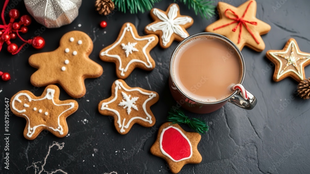 Delightful Holiday Scene: Festive Gingerbread Cookies and Warm Drink, Perfect for Cozy Christmas Celebrations Delightful Holiday Scene: Festive Gingerbread Cookies and Warm Drink, Perfect for Cozy Christmas Celebrations