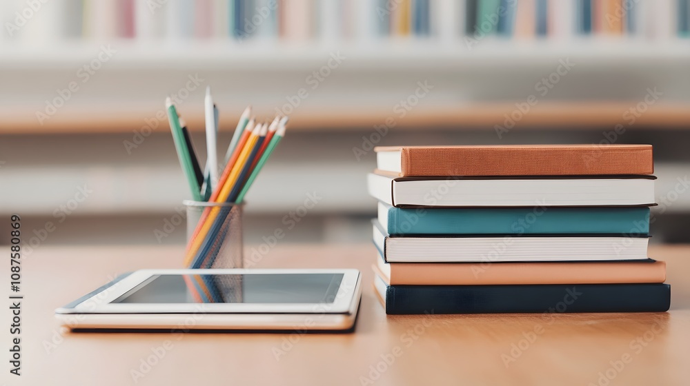 Study Space with Books and Tablet on a Wooden Desk Study Space with Books and Tablet on a Wooden Desk