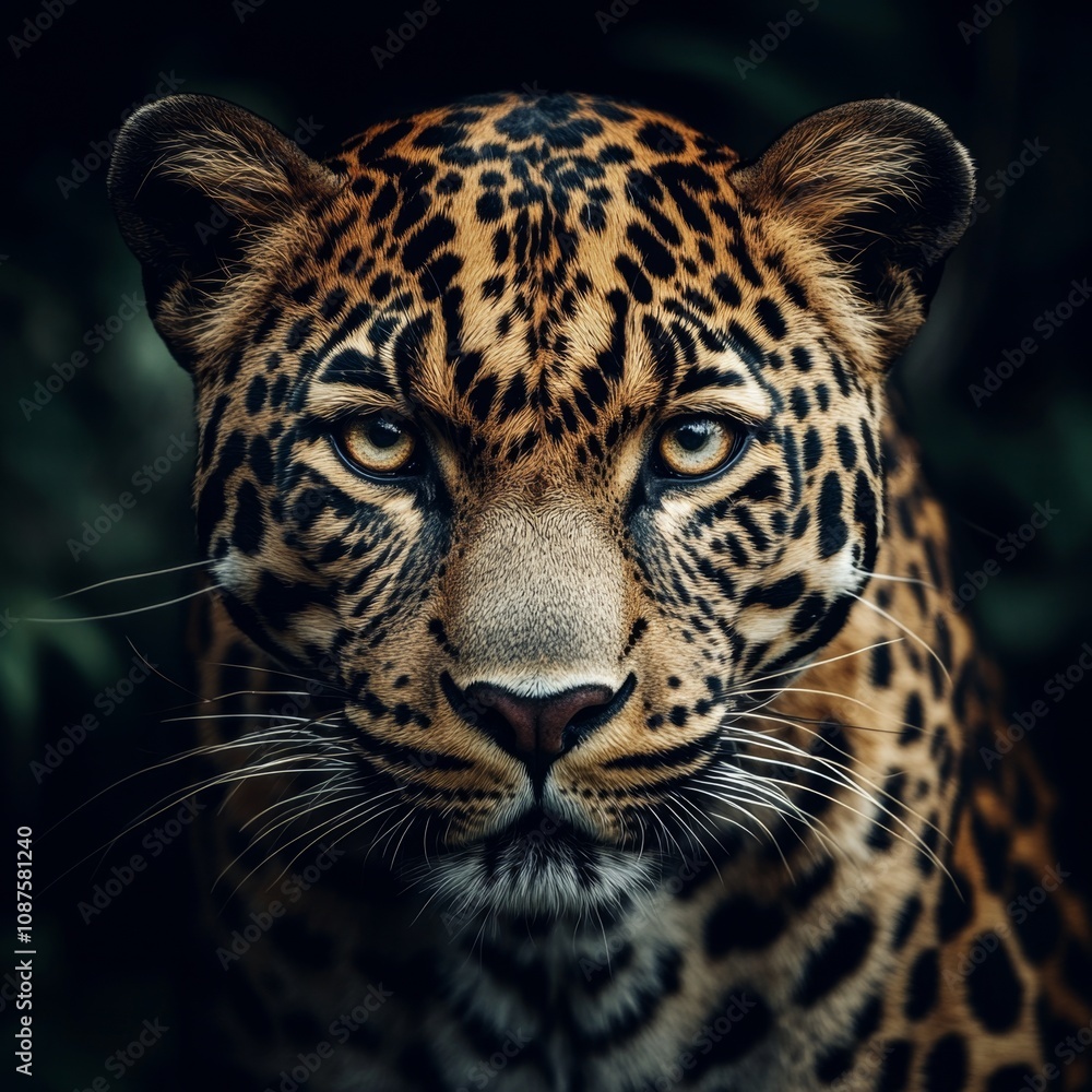 Majestic Close-Up of a Powerful Leopard Revealing Intricate Spots and Intense Gaze Amidst Lush Greenery in a Natural Habitat Setting Majestic Close-Up of a Powerful Leopard Revealing Intricate Spots and Intense Gaze Amidst Lush Greenery in a Natural Habitat Setting