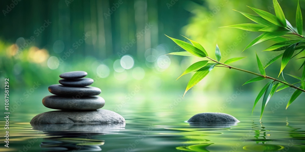 Fototapeta premium Zen Stones Balanced on a Rock in a Tranquil Pond with Lush Green Bamboo Leaves