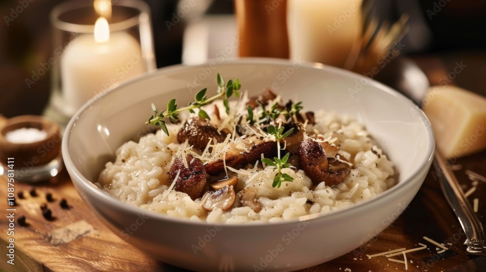 A bowl of creamy risotto infused with wild mushrooms and truffle oil, garnished with shaved parmesan and a sprig of thyme A bowl of creamy risotto infused with wild mushrooms and truffle oil, garnished with shaved parmesan and a sprig of thyme