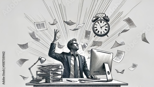 A man in a gray suit sitting at a desk in front of a computer, with a clock and flying papers in the background, in the office photo