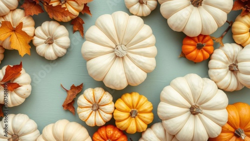 Celebrate Autumn's Bounty with a Charming Display of White Pumpkins and Fall Leaves on a Light Blue Background photo