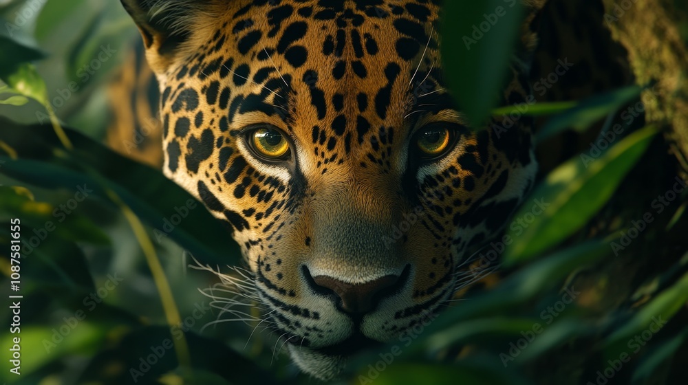 Close-Up of Jaguar Eyes Hidden Among Green Leaves in Lush Jungle Environment Capturing the Essence of Wild Nature and Predatory Behavior in Action Close-Up of Jaguar Eyes Hidden Among Green Leaves in Lush Jungle Environment Capturing the Essence of Wild Nature and Predatory Behavior in Action