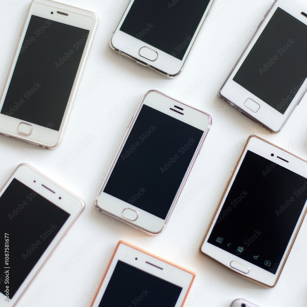 A collection of smartphones arranged on a flat surface, showcasing various designs and colors. A collection of smartphones arranged on a flat surface, showcasing various designs and colors.