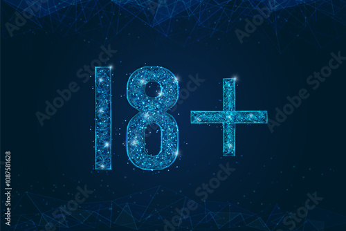 Abstract isolated blue image of 18 plus only censored. Polygonal low poly wireframe illustration looks like stars in the black night sky in space or flying glass shards.