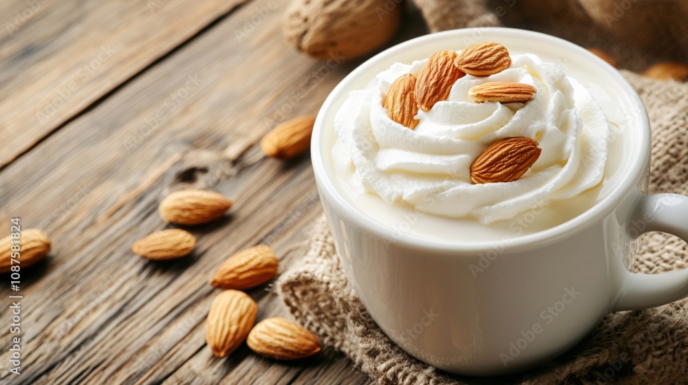 A warm cup of almond milk with whipped cream and almond slices, placed on a rustic wooden table A warm cup of almond milk with whipped cream and almond slices, placed on a rustic wooden table