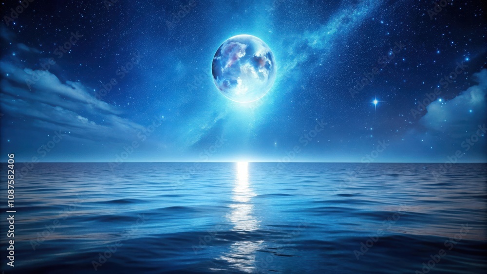 Celestial Dreamscape A Full Moon Shines Over a Calm Ocean, Stars Twinkling in the Vast Darkness Above Celestial Dreamscape A Full Moon Shines Over a Calm Ocean, Stars Twinkling in the Vast Darkness Above