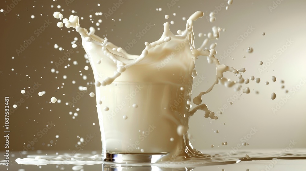 Milk splashing out of a glass with droplets in motion against a neutral background Milk splashing out of a glass with droplets in motion against a neutral background