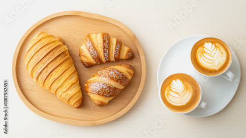 Freshly Baked Pastries and Two Cups of Coffee on a Light Table Setting for a Cozy Morning Breakfast or Afternoon Snack Experience photo