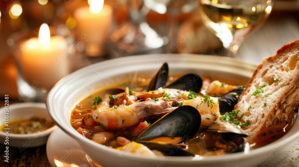 A bowl of rich French bouillabaisse with a variety of seafood, including fish