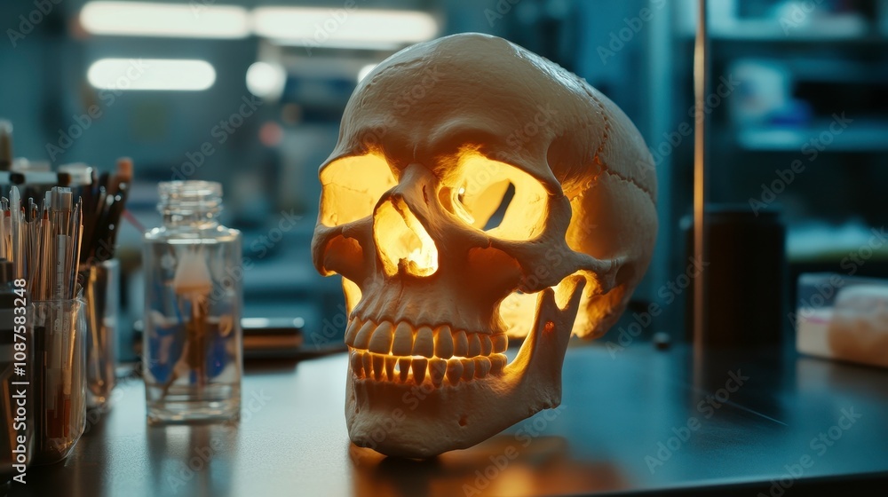 Human Skull on Desk with Intense Lighting Human Skull on Desk with Intense Lighting