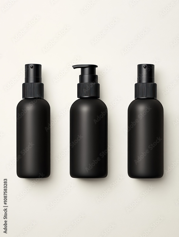 Three sleek black bottles with different dispensing mechanisms for personal care products. Three sleek black bottles with different dispensing mechanisms for personal care products.