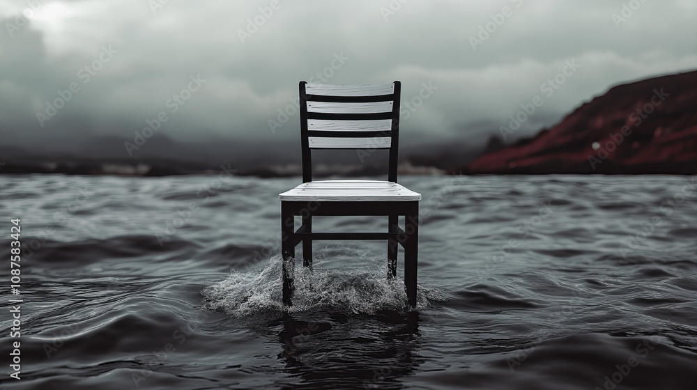 A solitary chair standing in a vast body of water under a cloudy sky during a calm afternoon A solitary chair standing in a vast body of water under a cloudy sky during a calm afternoon