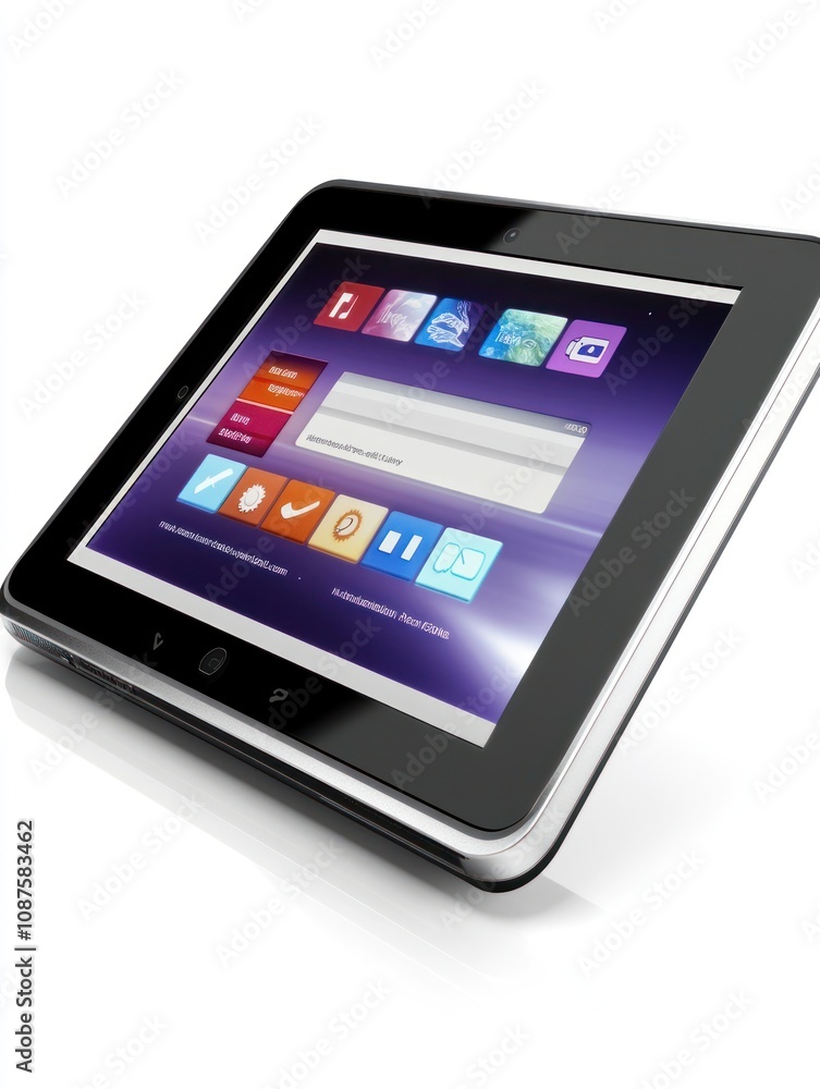A sleek tablet device showcasing various applications on its screen. A sleek tablet device showcasing various applications on its screen.