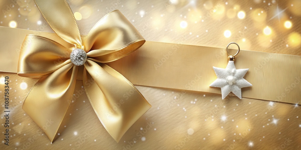 A Golden Bow With A Sparkling Jewel Adorns A Festive Ribbon With A Delicate White Star Ornament Against A Shimmering Gold Background A Golden Bow With A Sparkling Jewel Adorns A Festive Ribbon With A Delicate White Star Ornament Against A Shimmering Gold Background