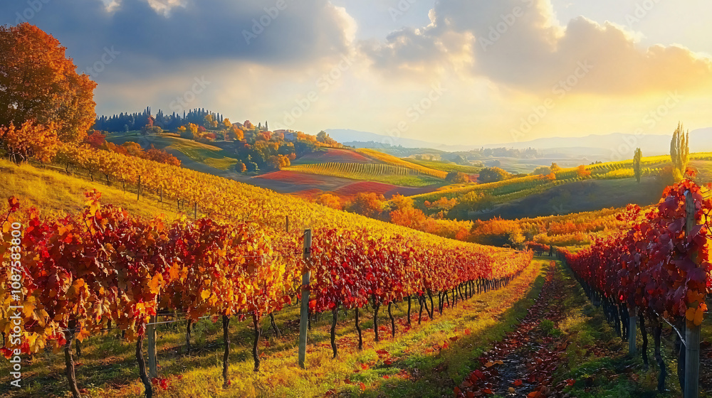 Naklejka premium A serene autumn vineyard with rows of grapevines covered in red and yellow leaves, nestled in the heart of a rolling countryside