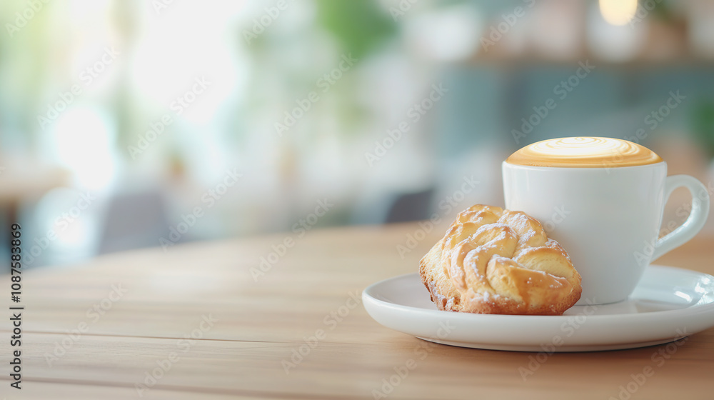 Freshly Brewed Coffee and Pastry on a Wooden Table in a Cozy Cafe Setting with Natural Light Filtering Through the Background Freshly Brewed Coffee and Pastry on a Wooden Table in a Cozy Cafe Setting with Natural Light Filtering Through the Background