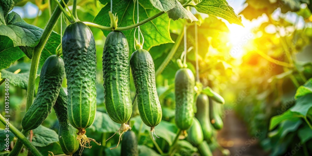 Fresh Green Cucumbers Growing on the Vine in a Lush Vegetable Garden - Agriculture Concept Fresh Green Cucumbers Growing on the Vine in a Lush Vegetable Garden - Agriculture Concept