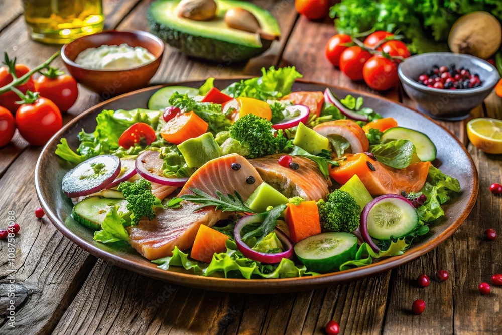Fresh Healthy Salmon Salad with Avocado and Vegetables for Nutritious Dining Fresh Healthy Salmon Salad with Avocado and Vegetables for Nutritious Dining