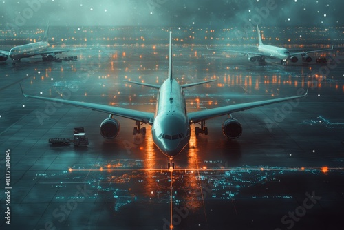 Multiple airplanes on a tarmac, preparing for departure, with a digital overlay showing global flight routes.