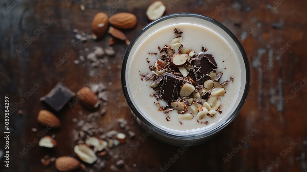 Overhead shot of almond milk in a clear glass, with crushed almonds and chocolate pieces, on a rustic surface Overhead shot of almond milk in a clear glass, with crushed almonds and chocolate pieces, on a rustic surface