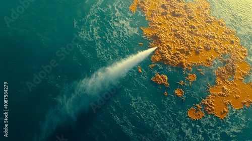 Aerial view of oil dispersant being sprayed on an oil spill.  photo