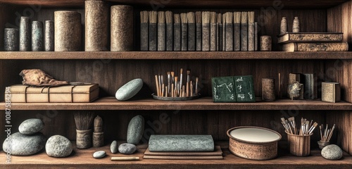 A historical library scene showcasing ancient art supplies, such as ink stones, brushes, and scrolls neatly organized on wooden shelves. photo