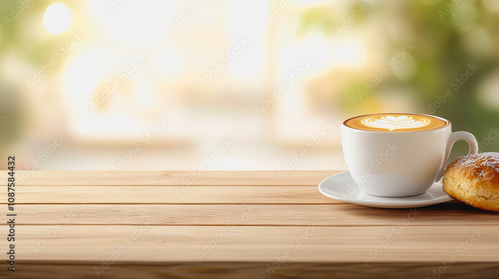 Elegant coffee cup with latte art on wooden table alongside a freshly baked pastry, set against a bright and inviting background with soft lighting Elegant coffee cup with latte art on wooden table alongside a freshly baked pastry, set against a bright and inviting background with soft lighting