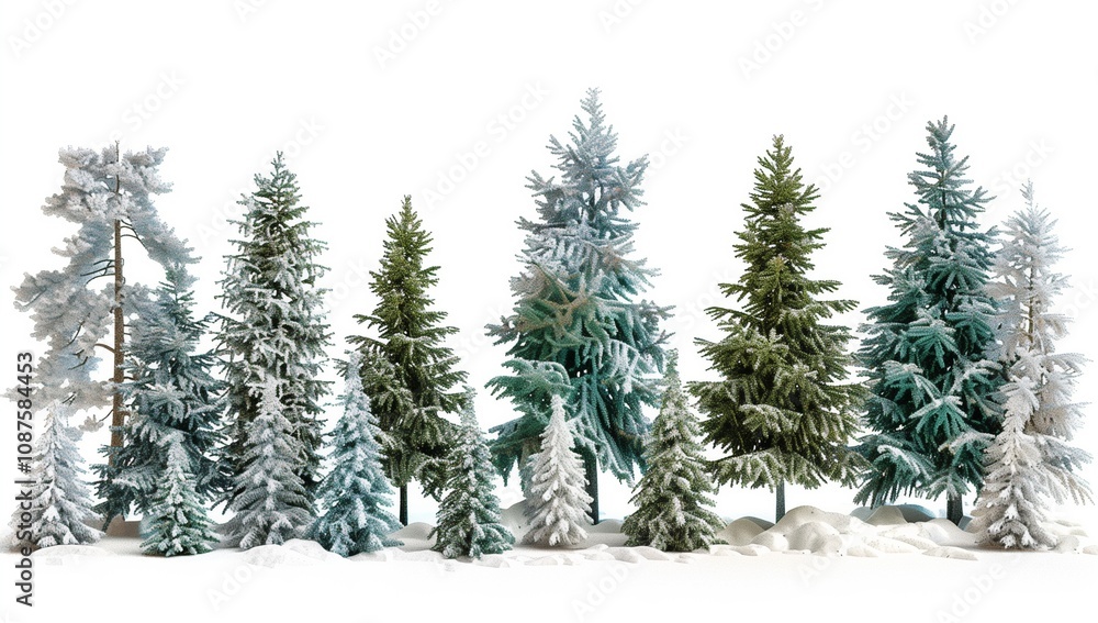 A photorealistic image of a group of snowy pine trees, with each tree in various stages of snow-covered and with varying shades of green and blue. A photorealistic image of a group of snowy pine trees, with each tree in various stages of snow-covered and with varying shades of green and blue.