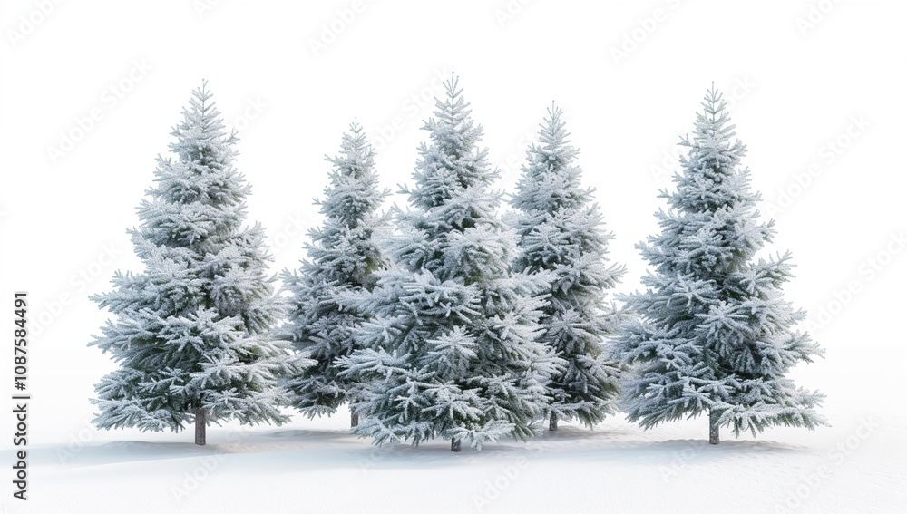 Fir trees covered in snow, realistic rendering style, white background, 3D, symmetrical composition Fir trees covered in snow, realistic rendering style, white background, 3D, symmetrical composition