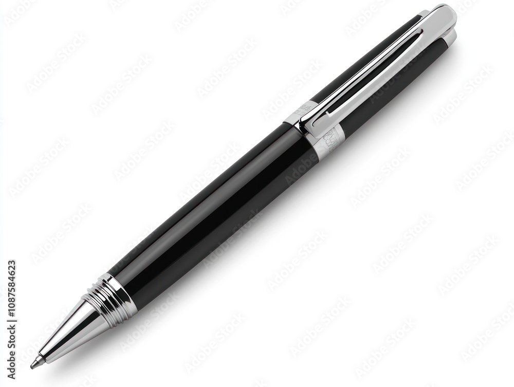 A sleek black pen with chrome accents, ideal for writing and signing documents. A sleek black pen with chrome accents, ideal for writing and signing documents.