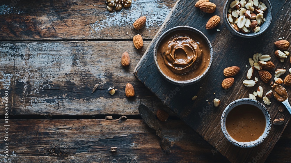 Rustic flat lay with almond milk, almond butter, and scattered nuts, on a weathered wooden surface Rustic flat lay with almond milk, almond butter, and scattered nuts, on a weathered wooden surface