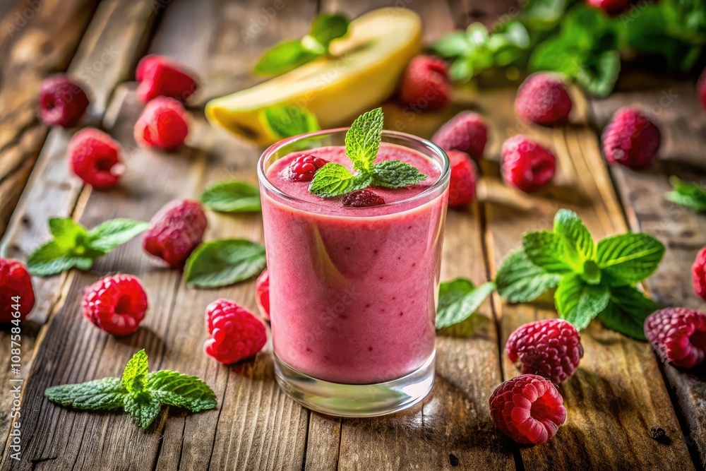 Fresh Raspberry Banana Mint Smoothie in a Glass with Garnish - Healthy Drink Photography Fresh Raspberry Banana Mint Smoothie in a Glass with Garnish - Healthy Drink Photography