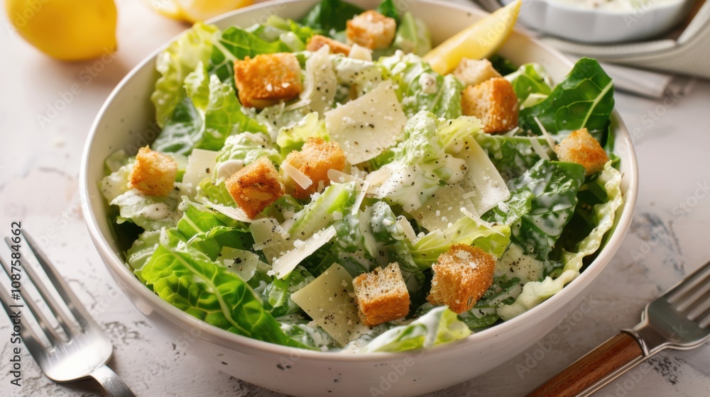 A classic Caesar salad with crisp romaine lettuce, creamy Caesar dressing A classic Caesar salad with crisp romaine lettuce, creamy Caesar dressing