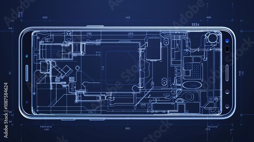 Intricate blueprint schematic or technical diagram of the internal components and circuitry of a modern smartphone mobile phone or other advanced electronic device