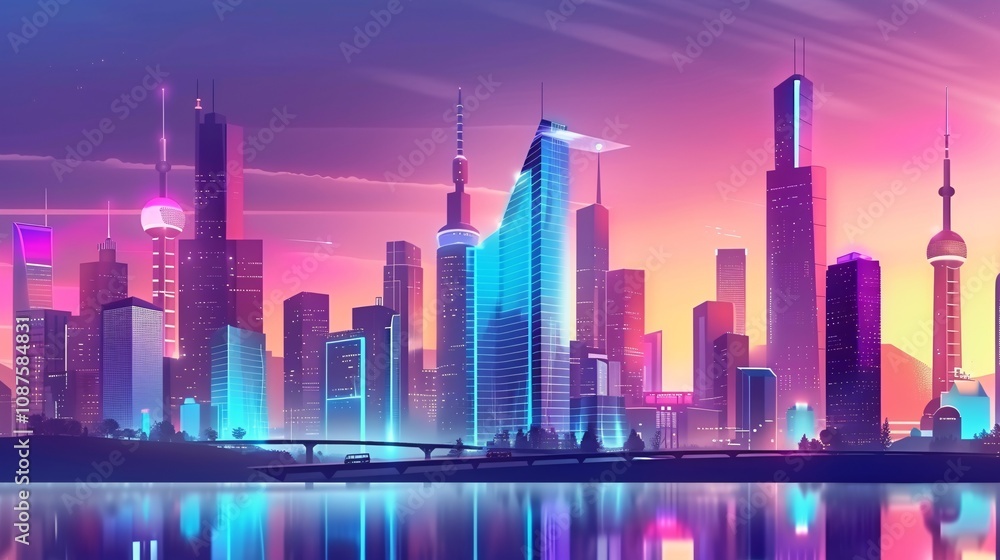 Fototapeta premium Stunning night cityscape of a modern futuristic metropolitan city with a vibrant skyline of colorful illuminated skyscrapers and high rise buildings reflecting in the calm waters of a bay or river