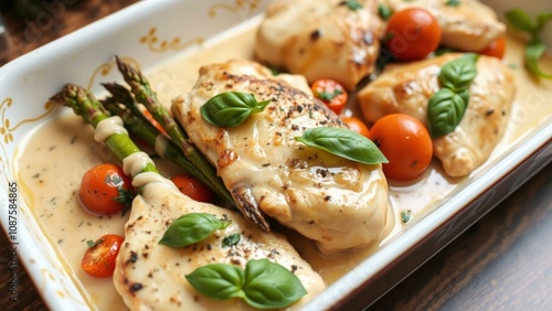 Gourmet Chicken Dinner with Creamy Sauce, Fresh Basil, and Vibrant Vegetables - Perfect for a Delicious and Healthy Meal photo