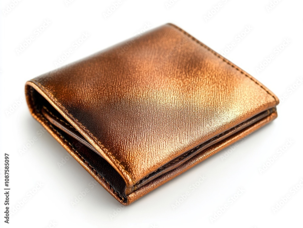 A shiny brown wallet made of textured material, designed for holding cards and cash. A shiny brown wallet made of textured material, designed for holding cards and cash.