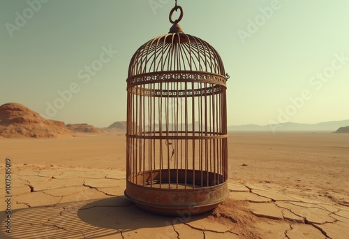 A rustic birdcage stands alone on the cracked desert ground under a bright sky at sunset, symbolizing isolation and freedom photo