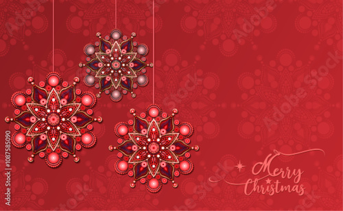 Merry Christmas greeting card with copy space. Holiday red background with beautiful starry balls, gif card celebration happy new year vector festive banner