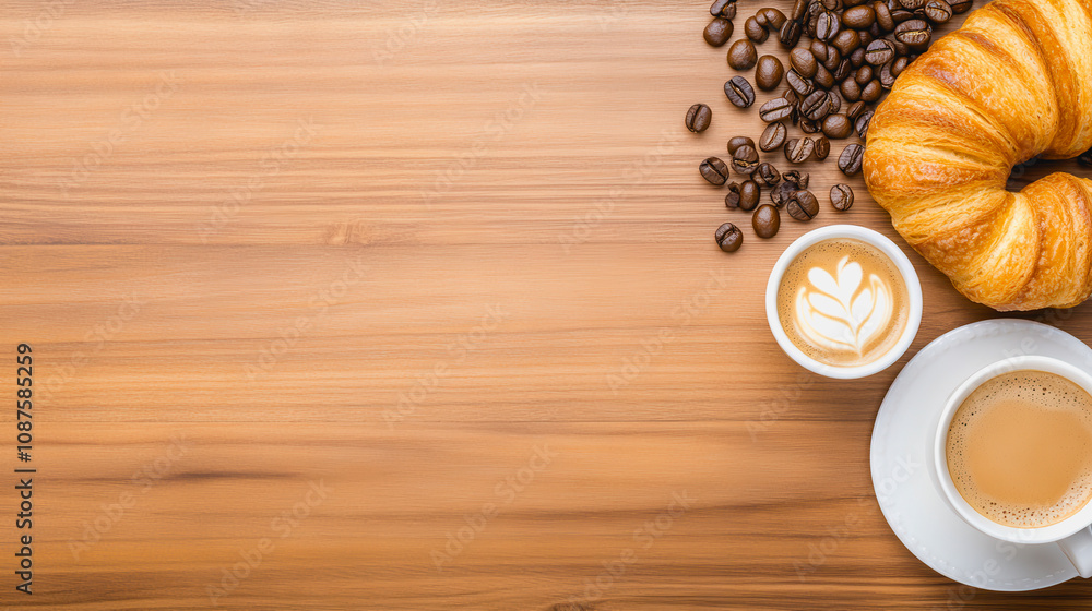 Freshly Brewed Coffee with Croissant and Coffee Beans on Wooden Table for a Perfect Morning Experience with Delicious Aroma and Textures Freshly Brewed Coffee with Croissant and Coffee Beans on Wooden Table for a Perfect Morning Experience with Delicious Aroma and Textures