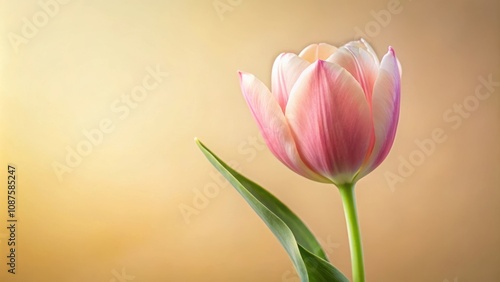 A single pink tulip with a white center and green leaves on a soft yellow background