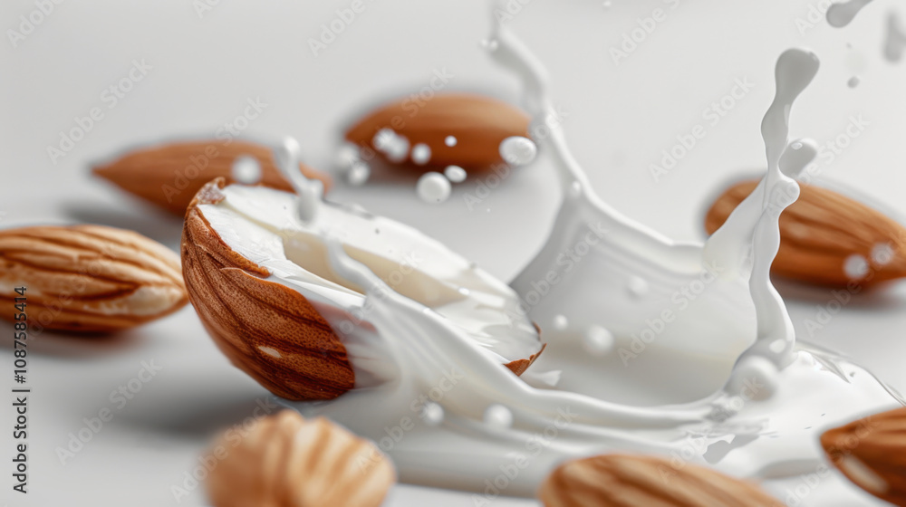 Fresh almonds splashing into creamy almond milk, vibrancy and health benefits of plantbased alternatives. perfect for promoting vegan diets, recipes, and healthy lifestyles. Fresh almonds splashing into creamy almond milk, vibrancy and health benefits of plantbased alternatives. perfect for promoting vegan diets, recipes, and healthy lifestyles.
