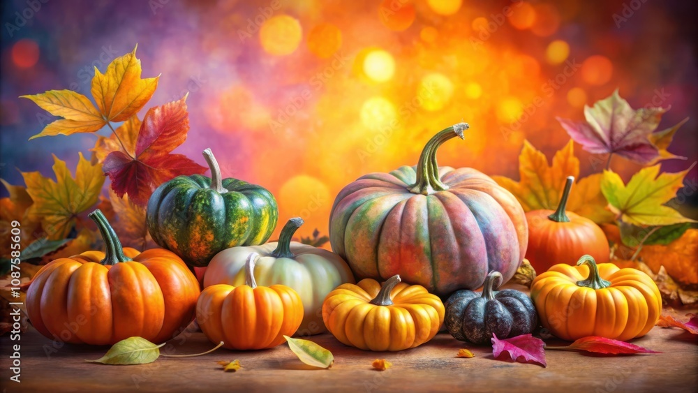 A collection of autumn gourds arranged on a wooden surface, surrounded by vibrant fall foliage, with a bokeh background of warm colors. A collection of autumn gourds arranged on a wooden surface, surrounded by vibrant fall foliage, with a bokeh background of warm colors.