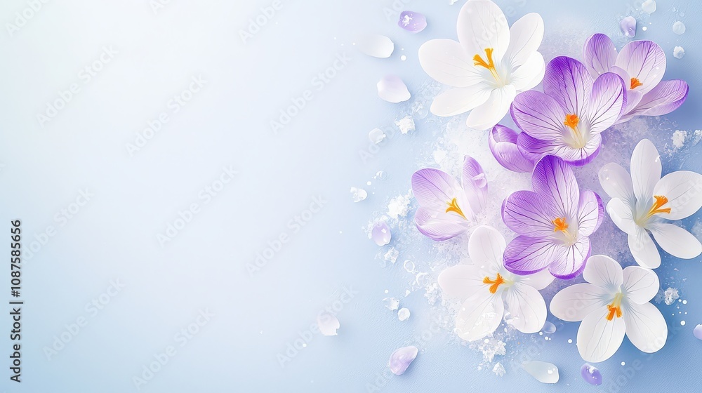 Delicate white and purple crocuses blooming against light snow, capturing winter fleeting moments of color Delicate white and purple crocuses blooming against light snow, capturing winter fleeting moments of color