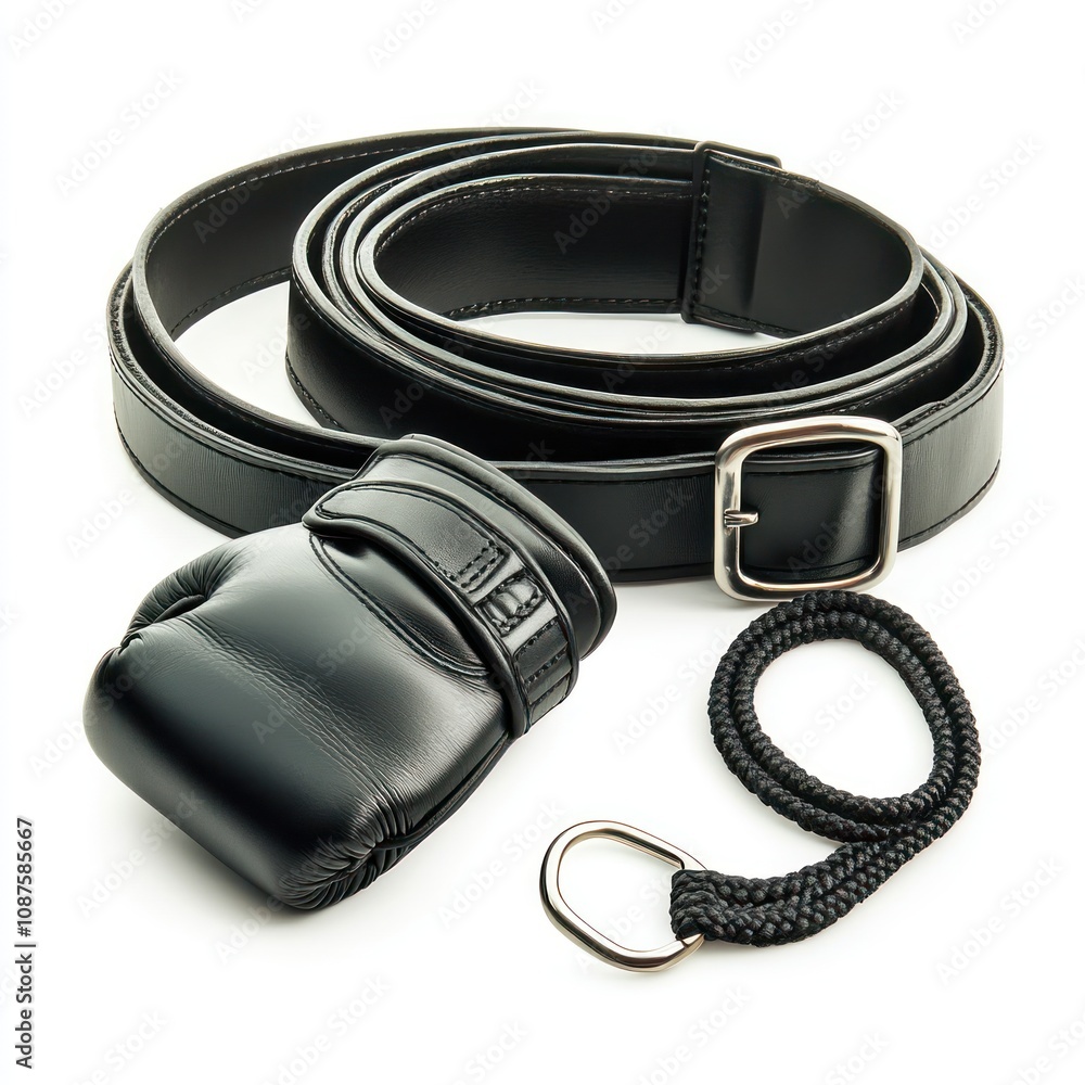 A black belt, boxing glove, and rope, suggesting training or sports equipment. A black belt, boxing glove, and rope, suggesting training or sports equipment.