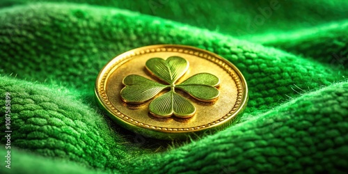 Gold Coin with Four Leaf Clover Symbolizing Good Luck and Prosperity for St. Patrick's Day