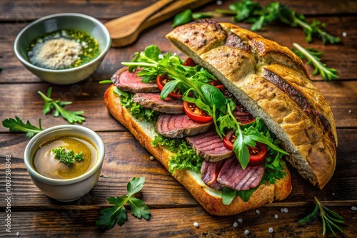 Gourmet Steak Sandwich with Fresh Arugula on Rustic Wood Table - Aerial Photography